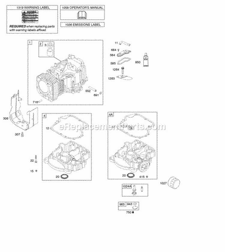 Cylinder Engine Sump OperatorS Manual Warning Label Diagram and Parts List for 21B807-0114-B1  Briggs and Stratton Engine